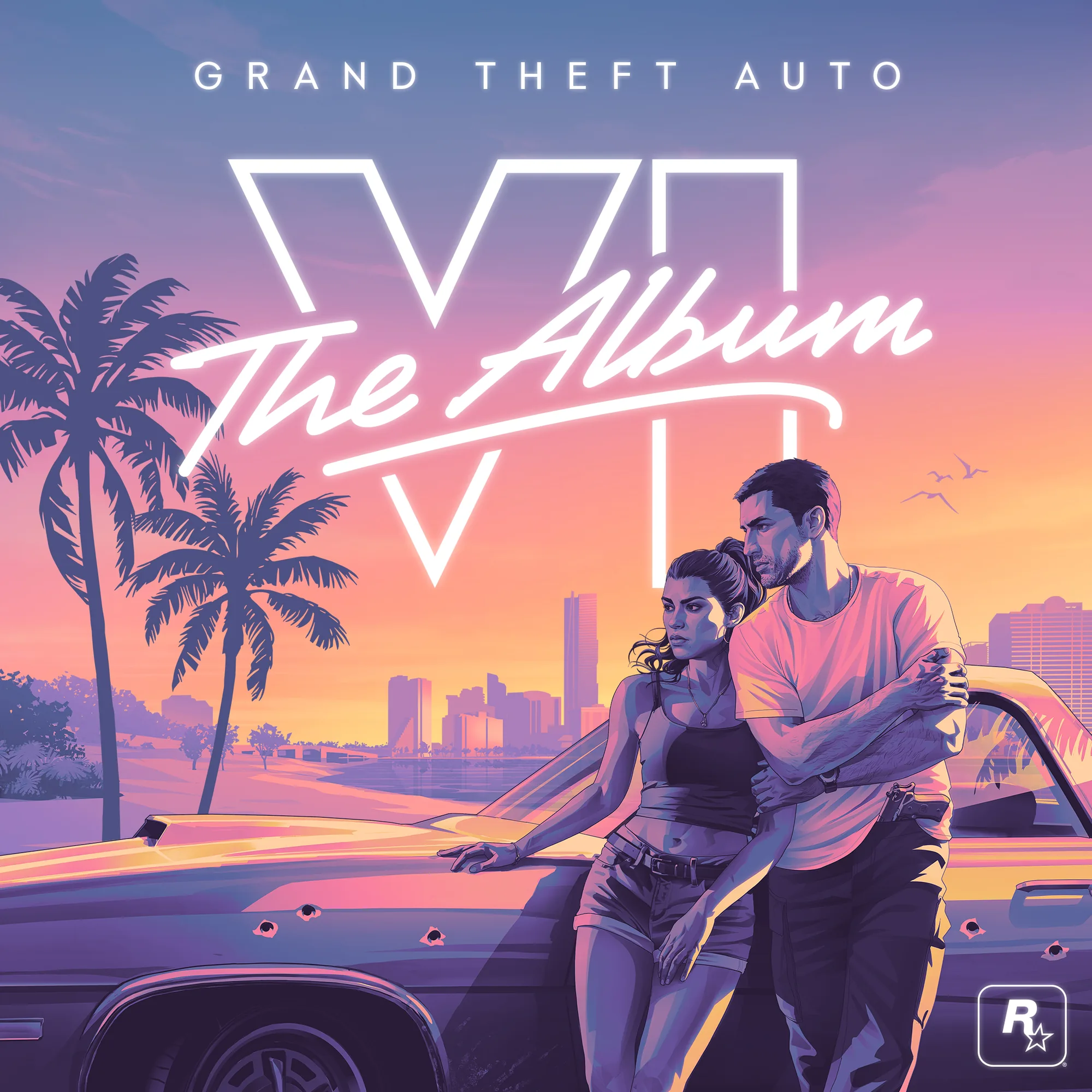 Grand Theft Auto VI: The Album cover art, showing two characters on a convertible beneath a purple-to-orange sunset sky with palm trees and the game's neon lettering.