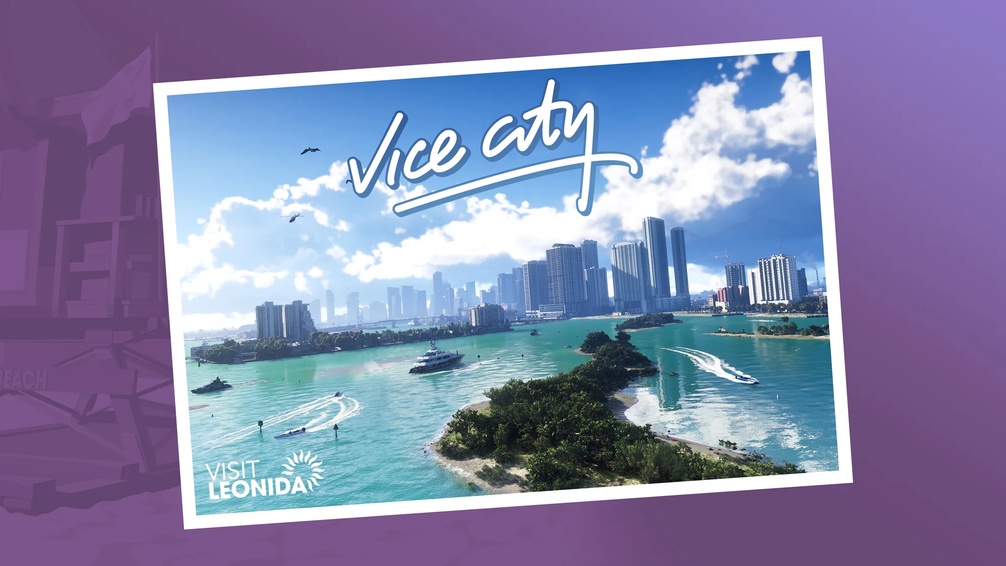 A Vice City postcard artwork showing a coastal skyline of high-rises above turquoise water dotted with boats and tropical islands.