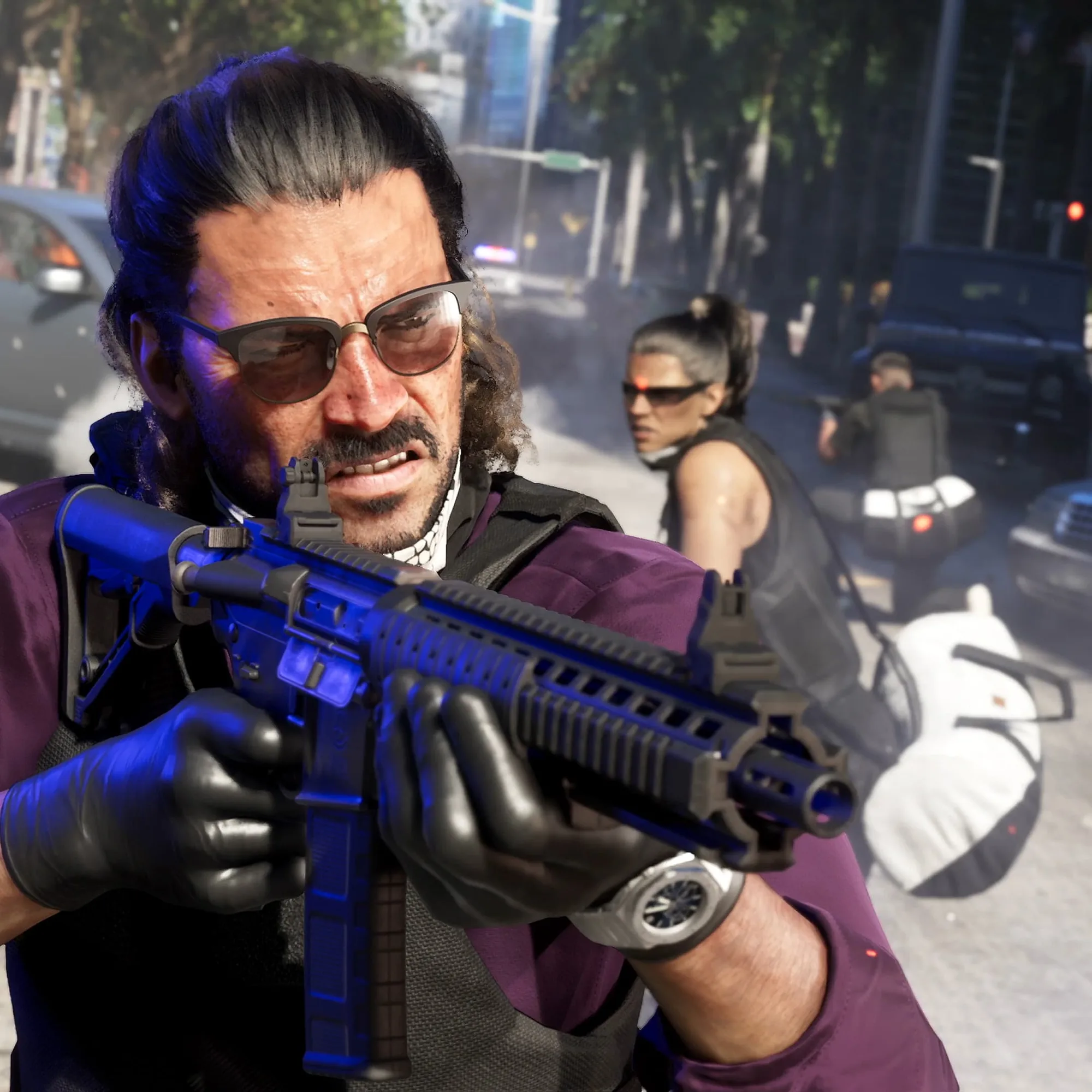 A bearded man in sunglasses and a purple jacket holds a scoped blue rifle on a busy city street.