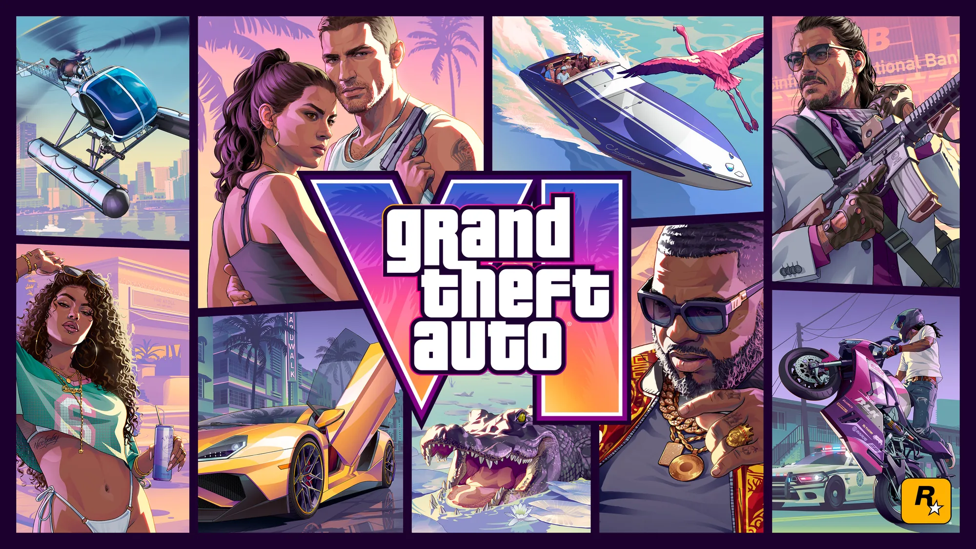 The official Grand Theft Auto VI cover art in landscape, with the two leads at the centre of a collage of characters, a yellow sports car, a purple speedboat, a pink motorcycle and a helicopter in neon pink, purple and tropical orange.