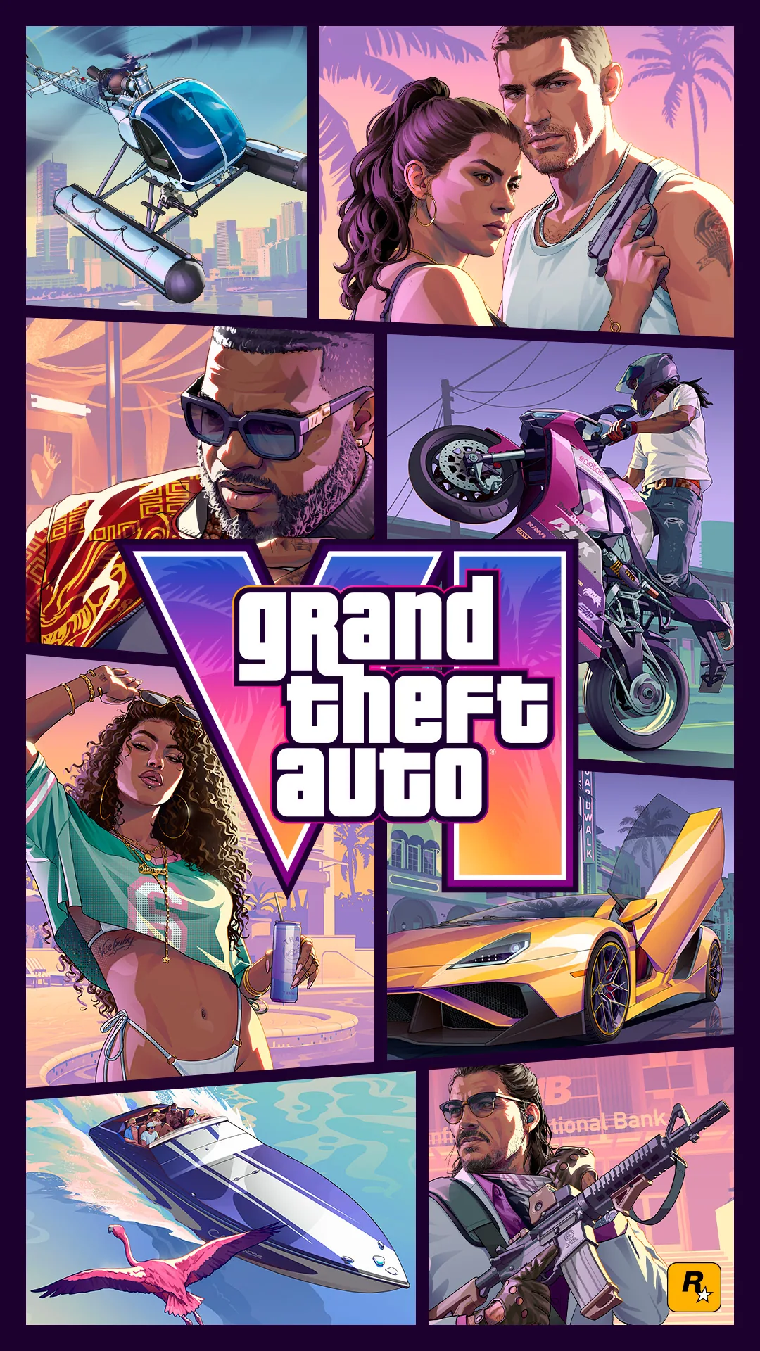 The official Grand Theft Auto VI cover art: a montage of character portraits and action vignettes - a sports car, motorcycle, helicopter and speedboat - arranged in comic-book panels around the GTA VI logo in neon pink, purple and orange.