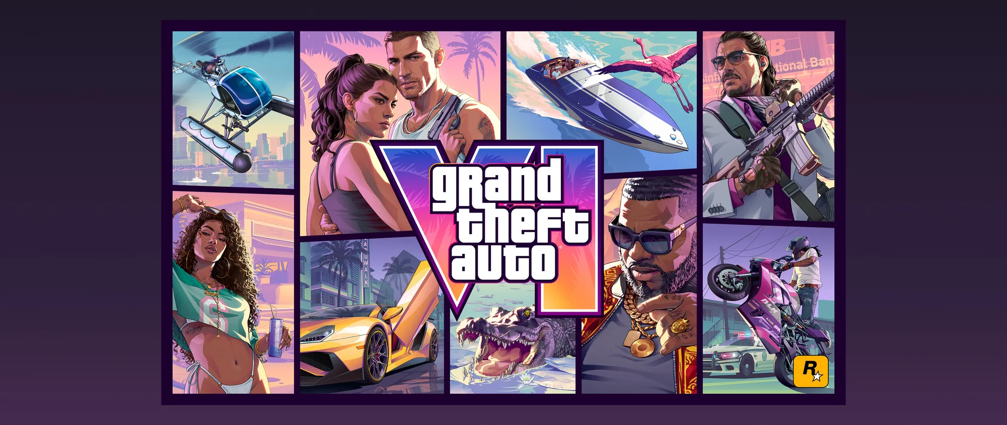 The official Grand Theft Auto VI key art in an ultrawide crop, the two leads at centre surrounded by panels of a helicopter, sports cars, a speedboat and a motorcycle stunt in neon pink, teal and sunset orange.