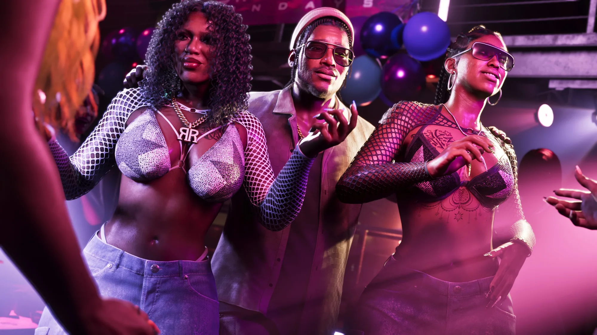 Three stylishly dressed people in streetwear, sunglasses and gold chains pose in a nightclub lit by pink and purple neon, with balloons overhead.