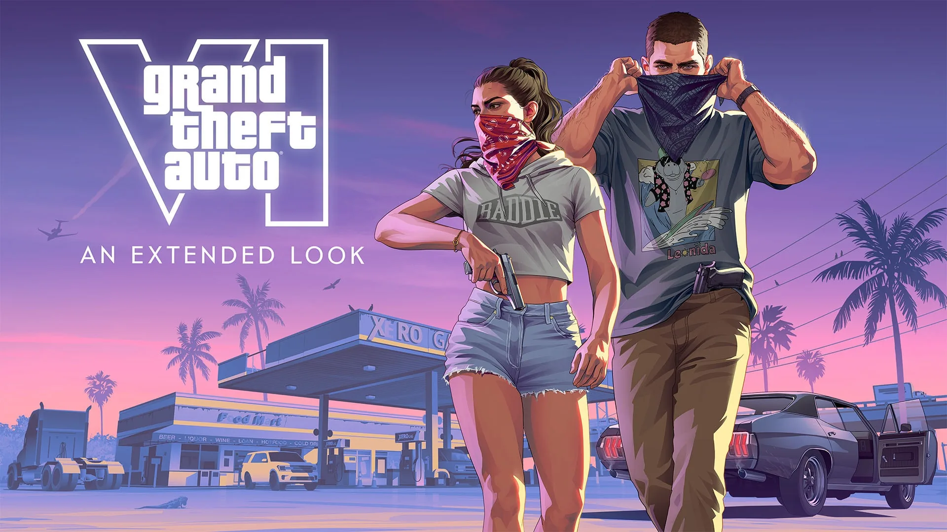 Official Grand Theft Auto VI: An Extended Look key art, showing two characters outside a gas station beneath a purple and pink sunset sky with palm trees.