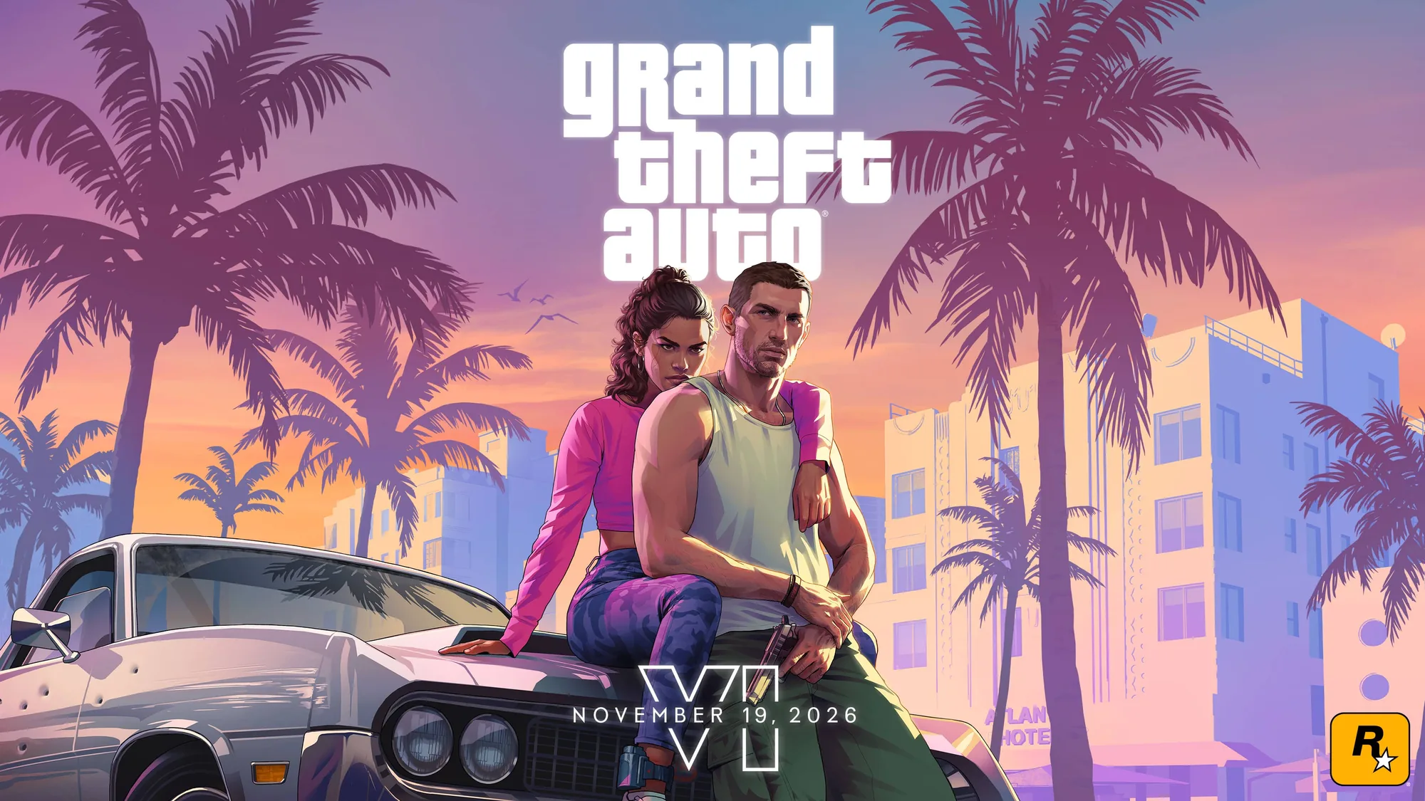 Official Grand Theft Auto VI Trailer 1 key art: two characters on the hood of a classic convertible against a neon sunset with palm trees and art deco buildings, with the game logo and the November 19, 2026 release date.
