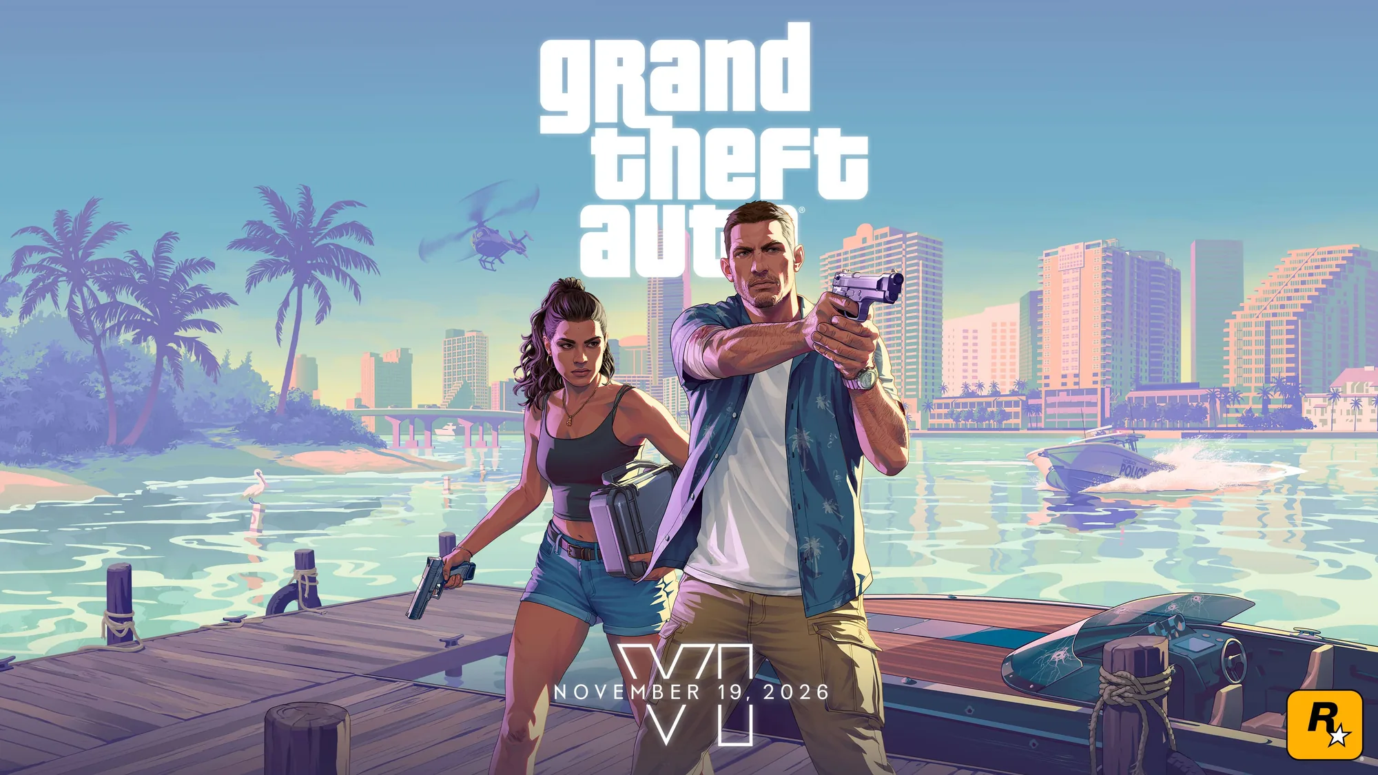 Official Grand Theft Auto VI Trailer 2 key art: two armed characters on a wooden dock facing a neon-lit city skyline at sunset, with the game logo and the November 19, 2026 release date.